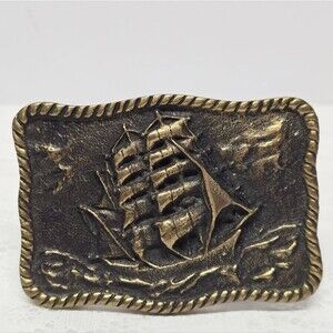 Vintage 70s Solid Brass Sailing Ship Clipper Belt Buckle Boho Western Cosplay